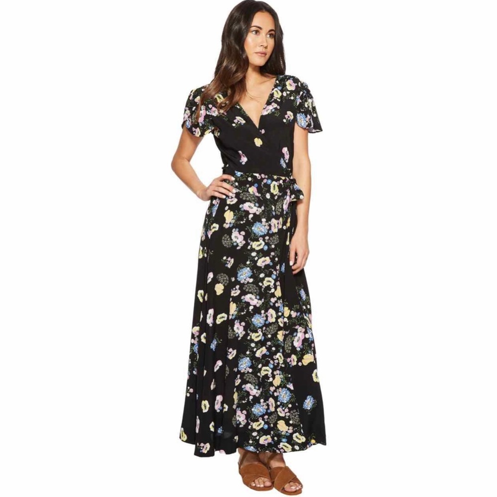 Free People Floral Tie Waist “Gorgeous Jess Wrap Dress” in Black Combo Size S